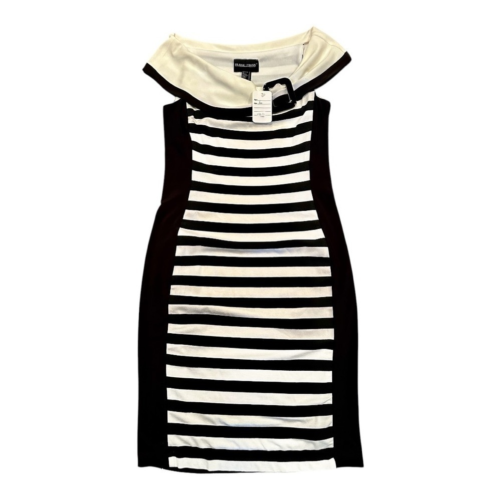 FRANK LYMAN DESIGN, NWT, WOMENS DRESS. SLEEVELESS, BLACK AND WHITE STRIPE.SIZE 6